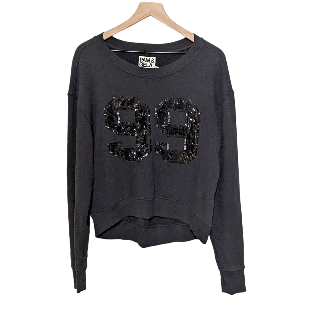 Pam & Gela Black Sequin 99 Long Sleeve Sweatshirt Crew Neck Women's Pullover M - Picture 3 of 6